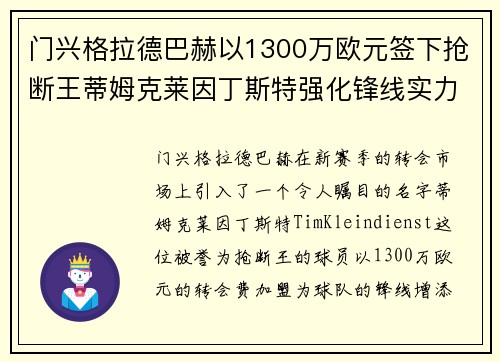 门兴格拉德巴赫以1300万欧元签下抢断王蒂姆克莱因丁斯特强化锋线实力 门兴格拉德巴赫以1300万欧元签下抢断王蒂姆克莱因丁斯特强化锋线实力