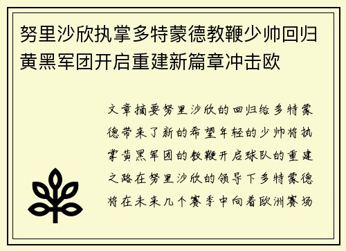 努里沙欣执掌多特蒙德教鞭少帅回归黄黑军团开启重建新篇章冲击欧